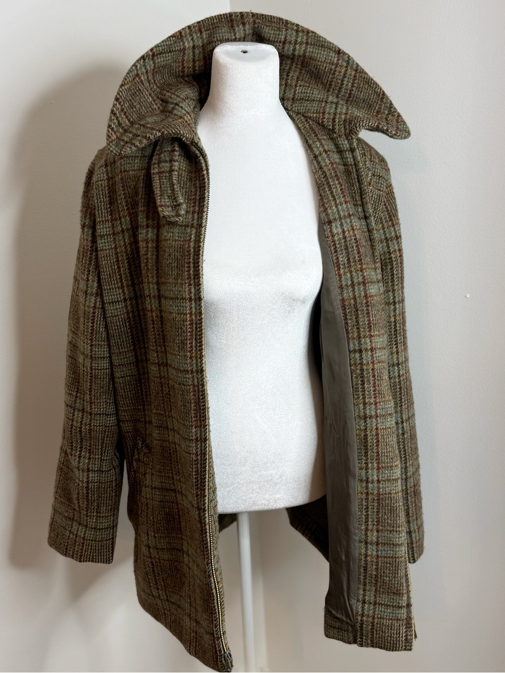 Ralph Lauren Olive Plaid Wool-Blend Pea Coat - Picture 2 of 5